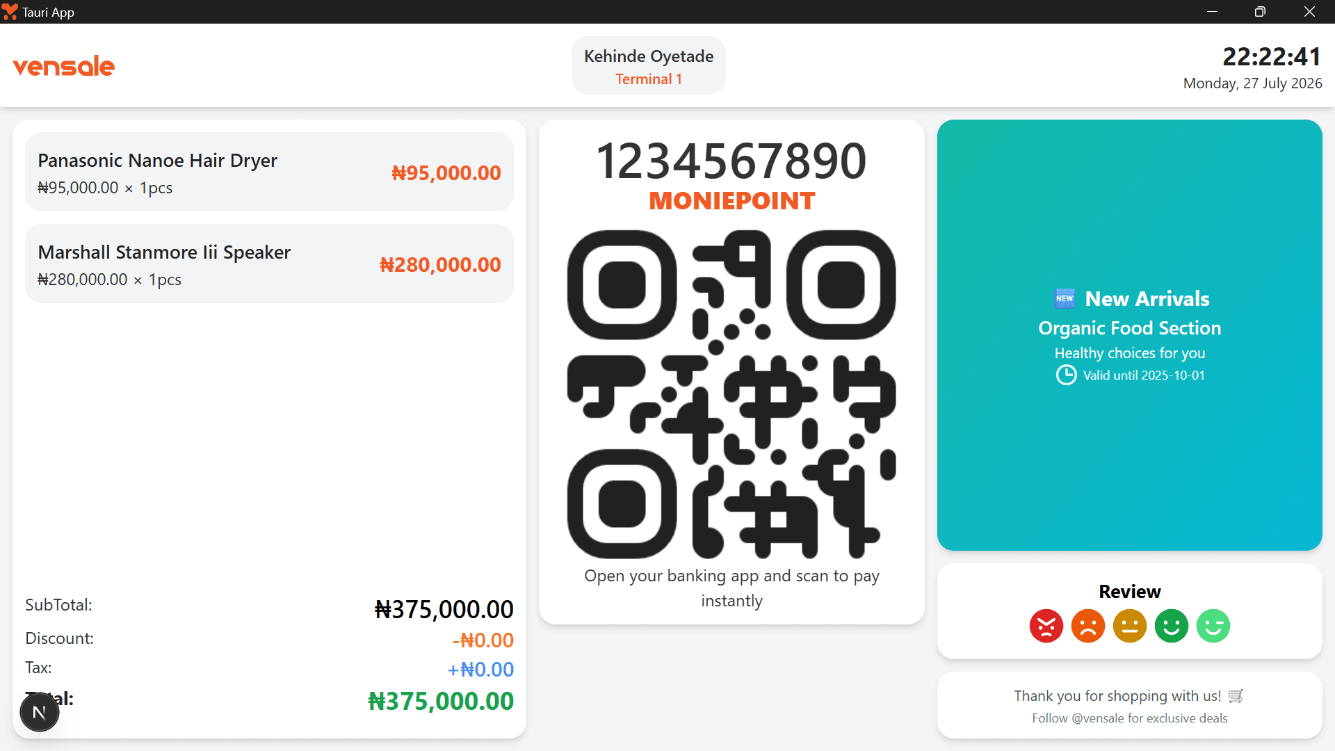 Vensale checkout screen with a Moniepoint QR code for instant bank transfer