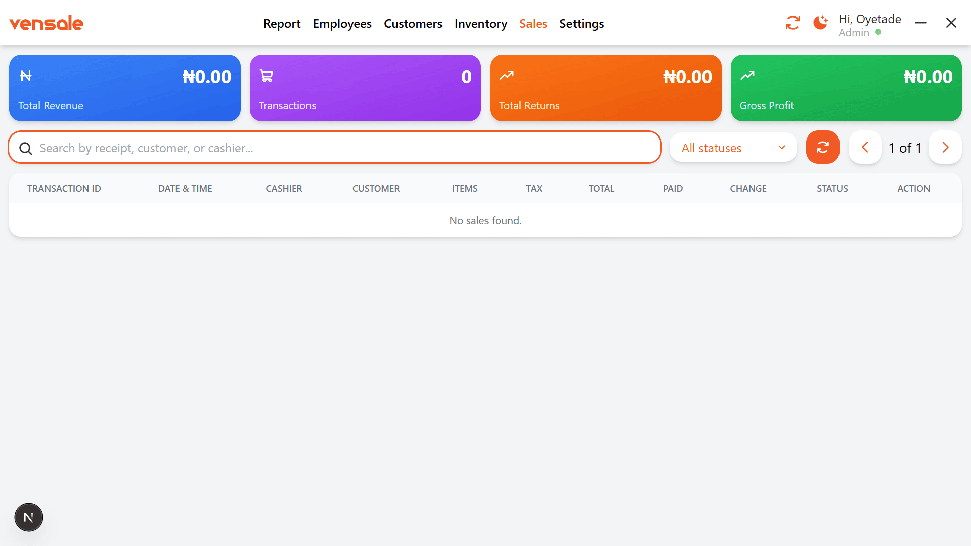 Sales screen with order history and totals